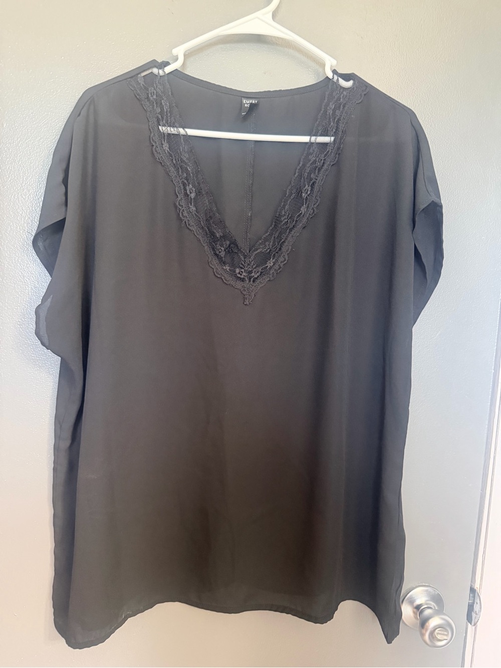 Emery Rose Black Lace-Trim V-Neck Blouse Top